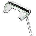 A golf putter features a sleek silver head with a cutout design and green accents the brand name TaylorMade is visible along with the model number MD-32 a polished metal shaft extends from the head