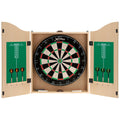 A dartboard set features a circular dartboard with numbered sections and a wooden cabinet opened to reveal scoring areas and slots for three darts in place on each side.