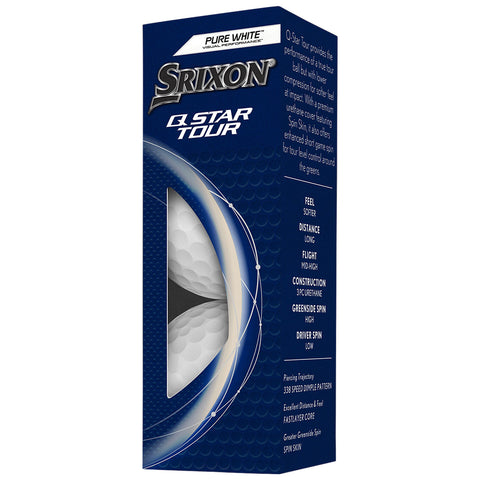 A box of golf balls with a blue and white design showcases the Srixon Q-Star Tour branding. The product features descriptions of performance attributes such as feel distance flight and spin.