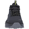 A black athletic shoe with greenish-yellow laces sits upright showcasing a textured upper and a rugged sole designed for outdoor activities placed against a plain white background.