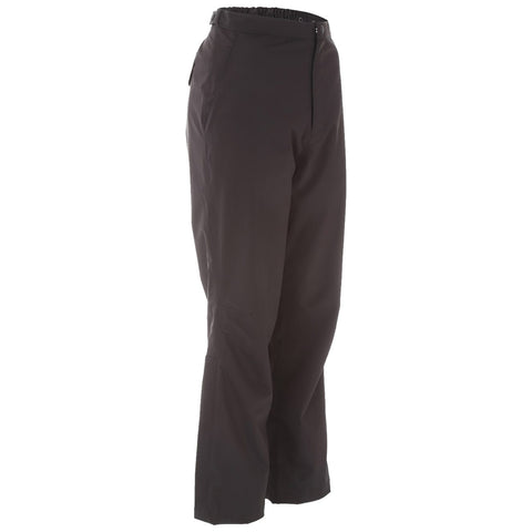 ProQuip Ladies TourFlex Waterproof Trousers Black pants are displayed upright with an elastic waistband and a zipper front showcasing a simple design suitable for casual or outdoor wear.