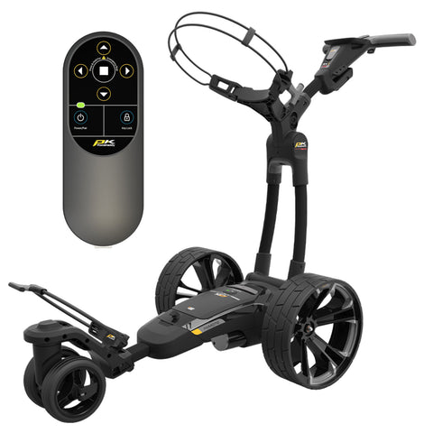 A remote-controlled golf trolley stands upright with two large wheels and a smaller front wheel. The remote control displays buttons for power and navigation, suitable for aiding golf transportation.