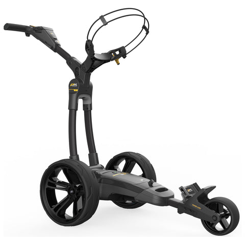 A black and gray golf push cart stands upright with three sturdy wheels and a handle. The cart is designed for transporting golf bags and accessories on a course.