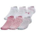 Six pairs of low-cut athletic socks are displayed. They feature a mix of pink and gray colors with branded logos. The socks are arranged in two rows, showcasing their design.