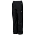 Black outdoor pants are displayed standing upright featuring an elastic waistband and side pockets showcasing a logo on the front and reflective detailing on the leg suitable for active wear.