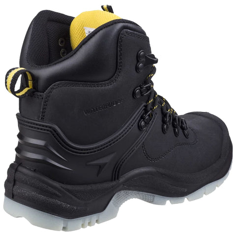 A black waterproof hiking boot is positioned on a light background showcasing its high ankle support and yellow accents while demonstrating features like laces and a loop for easy wearing.