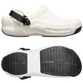 A white clog shoe with a black strap is displayed from the side and bottom angles showcasing its design and textured sole for grip.