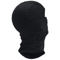 A black balaclava sits upright showcasing its rounded shape it is designed to cover the head and neck leaving only the face exposed suitable for cold weather or mask use