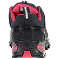 A black and pink athletic shoe is positioned upright displaying a textured mesh upper and a sturdy rubber sole designed for traction in outdoor activities. The interior is cushioned for comfort.