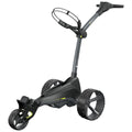 A golf push cart with a sleek design features three wheels for maneuverability a handle for steering and a holder for golf bags situated in an outdoor setting suitable for golf courses.