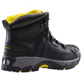 A black waterproof hiking boot stands upright with a yellow padded collar and contrasting yellow details on the sole showcasing its rugged design suitable for outdoor activities.