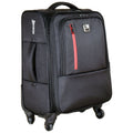 A black wheeled suitcase stands upright with a handle on top and red zipper accents. It features a textured surface and multiple compartments for organizing travel items, suitable for use in transportation settings.