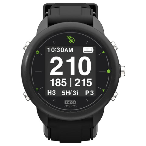 A black smartwatch displays time and various data including numbers like 210 and 185 215 on a dark screen with green accents surrounded by buttons on its side indicating its functionality