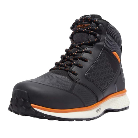 A black and orange hiking shoe sits on a flat surface showcasing its textured upper mesh and rubber sole designed for traction and durability in outdoor environments.