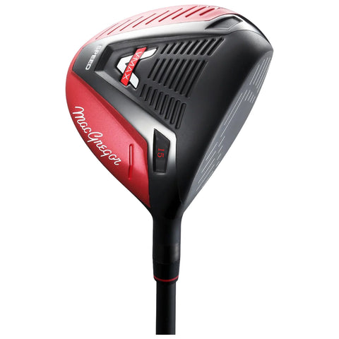 A golf driver with a sleek black and red design rests upright showcasing its large head and adjustable settings ideal for enhancing swing power in a golfing environment.