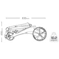 A folding device with two large wheels is positioned horizontally showing dimensions of 830mm in width and 490mm in height along with a weight of 10.2 kilograms.