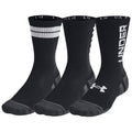 Three pairs of black athletic socks are displayed side by side featuring different designs with white logos and stripes highlighting their branding in a neutral background setting.