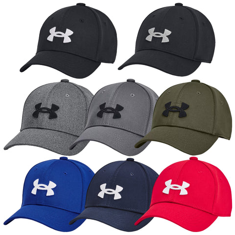 A collection of eight caps arranged in two rows featuring various colors including black grey olive blue navy and red each adorned with the Under Armour logo prominently on the front