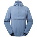 A light blue jacket with a half-zip front and a hood is displayed. The fabric appears soft and slightly shiny, suitable for outdoor activities. The brand logo is visible on the chest.