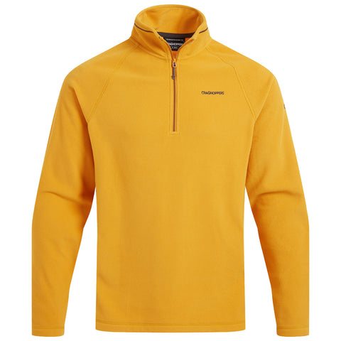 A bright yellow fleece pullover with a quarter zip is displayed. It features long sleeves and a collar, suitable for casual or outdoor activities in a cool environment.