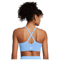 A blue sports bra with crisscross straps is worn by a person facing away. The surrounding context is minimal, focusing on the clothing and the person's curly hair.