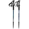 Two trekking poles stand upright featuring rubber grips and wrist straps with a blue and white design along their shafts suitable for hiking in outdoor environments.