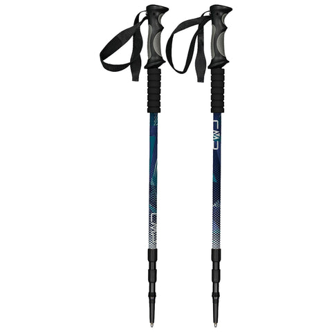 Two trekking poles stand upright featuring rubber grips and wrist straps with a blue and white design along their shafts suitable for hiking in outdoor environments.