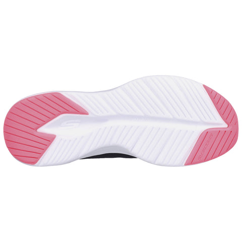 A sneaker sole is displayed with a black upper and a white base featuring a pink accent The sole shows a tread pattern designed for traction and support.