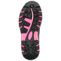 A sneaker sole featuring a black rubber base and bright pink accents. The design includes grooves and treads for traction, suitable for athletic activities on various surfaces.