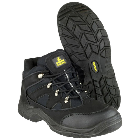 A pair of black safety boots stands upright showcasing reinforced toes and rugged soles designed for traction and durability suitable for outdoor work environments.