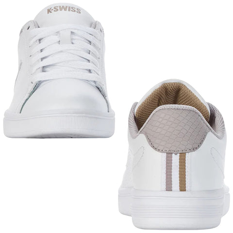 A pair of white K-Swiss sneakers is displayed with the front view showing laces and the logo while the rear view highlights a textured back with stripes and a cushioned interior.