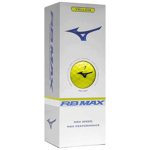 A bright yellow golf ball is displayed on a white box labeled RB MAX The ball features a dimpled design with a black logo and number 7 surrounded by marketing text promoting speed and performance.