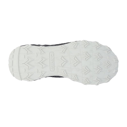 A shoe sole is displayed facing up showcasing a textured white rubber design with a zigzag pattern for grip indicating its purpose for outdoor or rugged terrain activities.