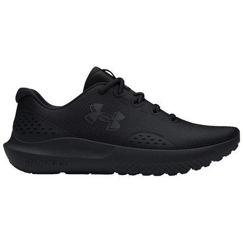 A sleek black athletic shoe rests horizontally showcasing a mesh upper and cushioned sole designed for comfort and performance in sports or casual wear with subtle branding on the side