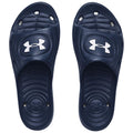 A pair of dark blue athletic slides rests with white logos on the upper surface designed for comfort and casual wear often used in relaxed settings or after sports activities.