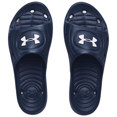 A pair of dark blue athletic slides rests with white logos on the upper surface designed for comfort and casual wear often used in relaxed settings or after sports activities.