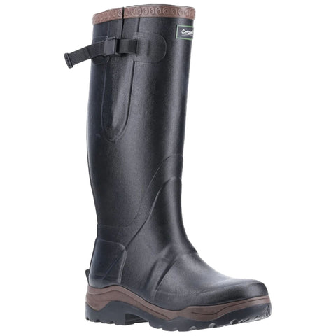 A tall black rubber boot stands upright featuring a decorative brown band at the top and a side buckle strap for adjustment designed for outdoor activities in wet environments.