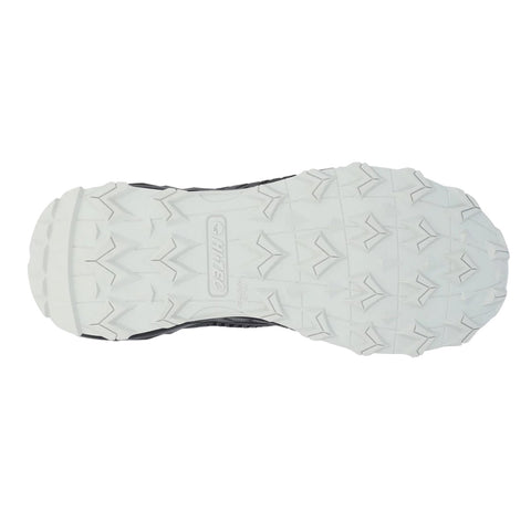 A shoe sole features a textured white rubber surface designed for traction with various geometric patterns evident on the tread indicating suitable use for outdoor activities on diverse terrains.