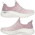 Light pink slip-on athletic shoes are displayed from multiple angles showcasing a textured upper and a white cushioned sole designed for comfort in casual settings.