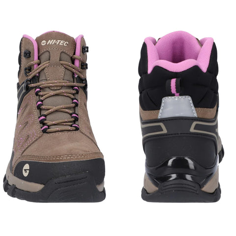 A pair of hiking boots features a brown and black design with pink accents The boots are shown from the front and back highlighting their sturdy structure and lacing system