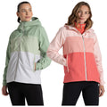 Two women model colorful hooded jackets in a studio setting. One wears a green and white jacket while the other sports a pink and coral jacket both with front pockets.