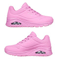 Pink sneakers with a smooth surface feature a rounded design and lace-up front. They include a small air cushion in the sole for comfort and are set against a white background.