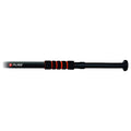 A black baseball bat rests horizontally with a textured grip featuring orange accents for better handling its smooth surface glimmers under light suggesting its new condition and readiness for use