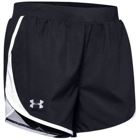 Black athletic shorts feature a soft elastic waistband and a contrasting white side panel with a mesh underlayer. They are designed for comfort and movement in sports or workouts.