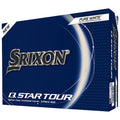 A blue box labeled Srixon Q. STAR TOUR prominently displays the brand name and product details features text stating softer feel urethane cover three-piece ball showing a sleek design suitable for golfers.