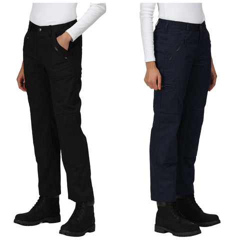 Two pairs of cargo pants are displayed on a model wearing black boots. One pair is black while the other is dark navy. Both feature zippered pockets and a casual fit.