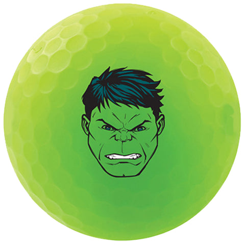 A bright green golf ball features an angry cartoon face with prominent facial features and dark hair displayed on its surface in a playful design suitable for children.