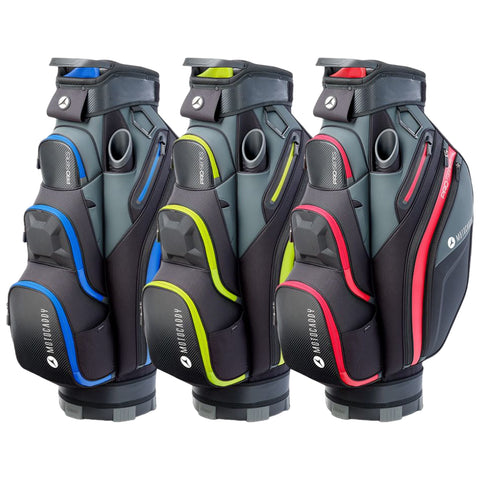 Three golf bags stand side by side in vertical alignment each featuring a distinct color scheme of blue green and red each equipped with multiple zippered pockets and a top handle for carrying.