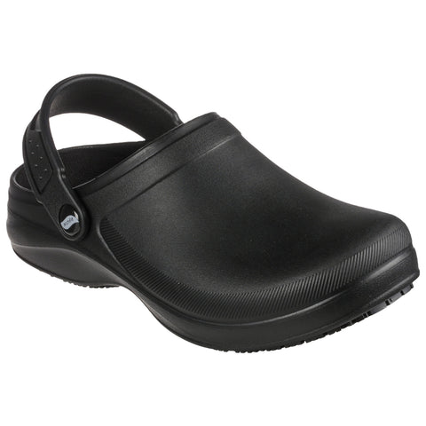 A black clog is positioned upright showing its smooth rounded design and a back strap providing support in a simple, neutral background often found in footwear displays.