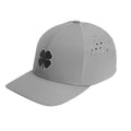 A gray baseball cap features a black clover logo on the front and ventilation holes on the side, suitable for casual or sporty wear.